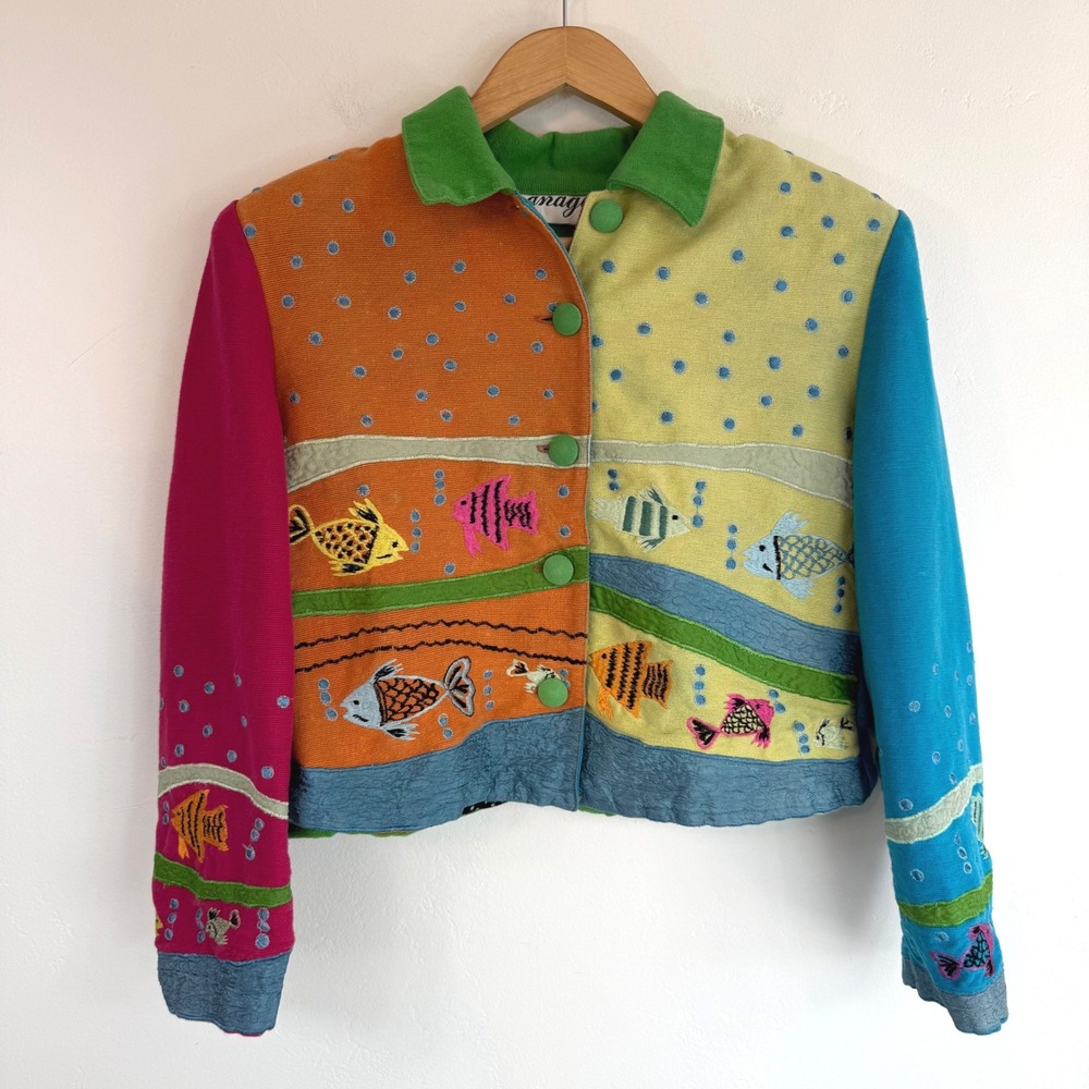 Vintage Anage Fish Embroidered Cropped Jacket Colorblock Coastal Art to Wear S